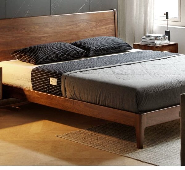 Bohemian Wood & Rattan Platform Bed with Natural Cane Headboard – Queen Size Bed in Pakistan