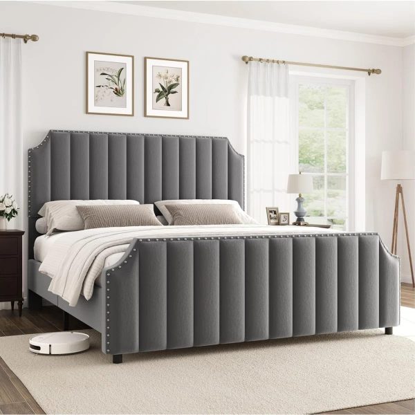 Plush Ivory Button-Tufted King Bed – Rounded Headboard Luxury Furniture Pakistan