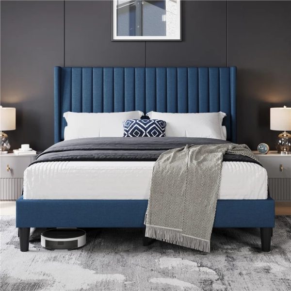 Modern Charcoal Grey Upholstered King Bed – Angled Channel Headboard Furniture Pakistan