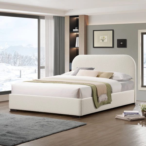 Ivory Boucle Upholstered Platform Bed with Rounded Headboard – Cloud-Soft Luxury Furniture Pakistan