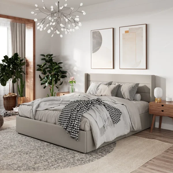 Braya Upholstered Platform Bed – Hydraulic Lift-Up Storage, Horizontal Headboard, No Box Spring