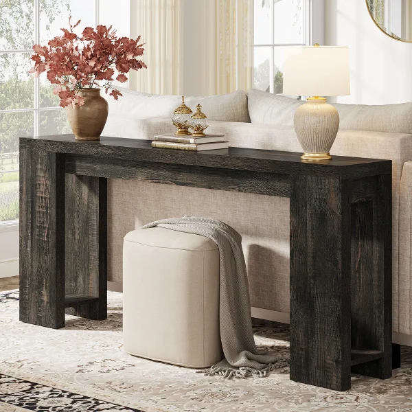 Dyron Extra Long Farmhouse Console Table – Rustic Brown Finish, 70.86” Wide, Scratch & Stain Resistant