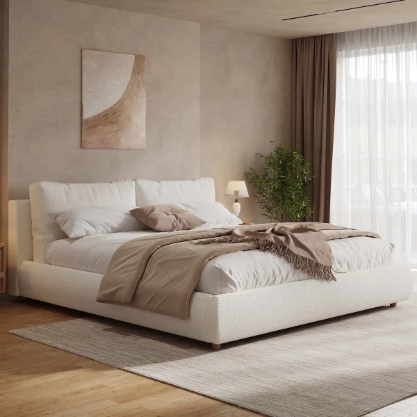 King Size Upholstered Platform Bed – Boucle Fabric, Removable Pillow Headboard, Minimalist Design