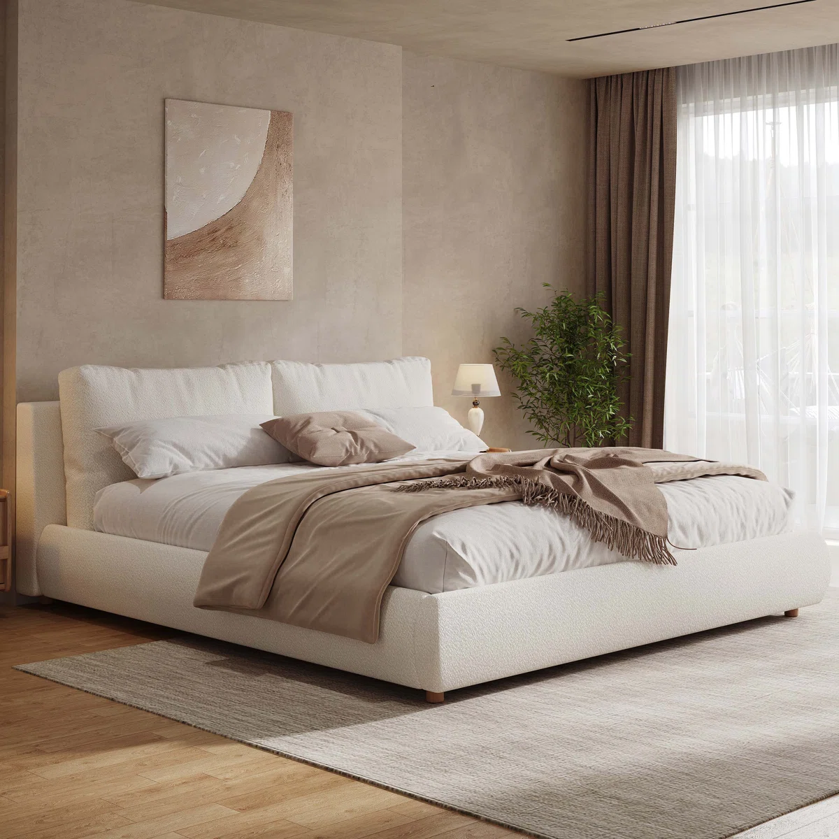 King+Size+Upholstered+Platform+Bed+with+Two+Removable+Pillow+Headboard,Boucle+Fabric,White