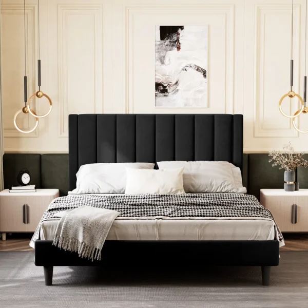 Ozella Velvet Upholstered Platform Bed – Vertical Channel Headboard, Wood & Steel Slats, No Box Spring