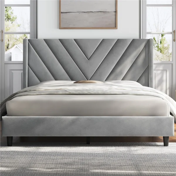 Permelia Upholstered Wingback Bed – Velvet Finish, Channel Tufted Headboard, No Box Spring