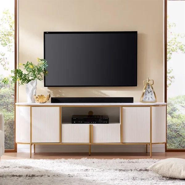 Rosevell 70” Luxury TV Stand – Faux Marble Top, Curved Design, Storage Cabinets, Cable Management for Up to 78” TVs