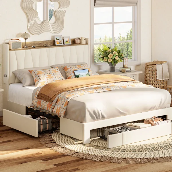 Upholstered Bed Frame with Drawers – Storage Headboard, Charging Station & 900 lbs Support