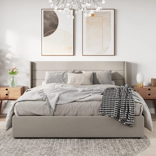 Modern White Wood Platform Bed with Geometric Headboard – Queen Size Bed Pakistan