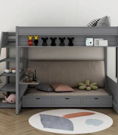Gray Wooden Bunk Bed with Nightstand and Drawers – PakUnique Pakistan