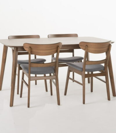 “PakUnique 5-Piece Dining Set – Walnut Table with Gray Chairs in Pakistan”