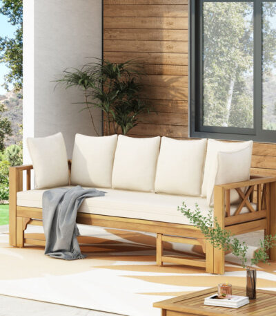 “Long Beach Outdoor Sofa Bed – Wooden Patio Lounger by PakUnique”