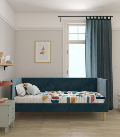 “Mid-Century Twin Daybed in Blue Fabric for Modern Pakistani Homes”