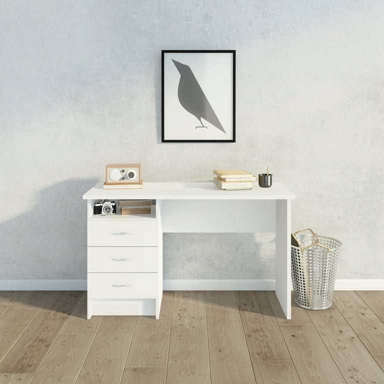 White 3-drawer office desk with open shelf – front view