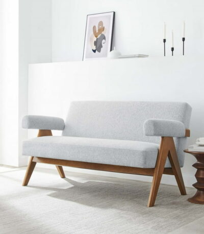 Light grey loveseat sofa with wooden frame – front view