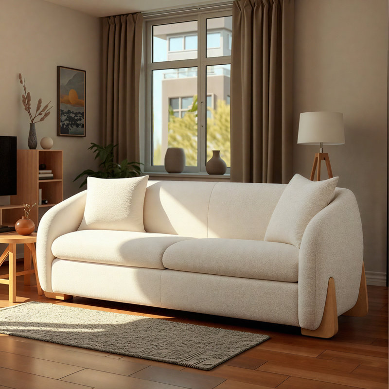 90''+Upholstered+Modern+Curved+Chenille+Sofa+with+Unique+Wood+Legs (1) Front view of Curved Chenille Sofa in modern living room