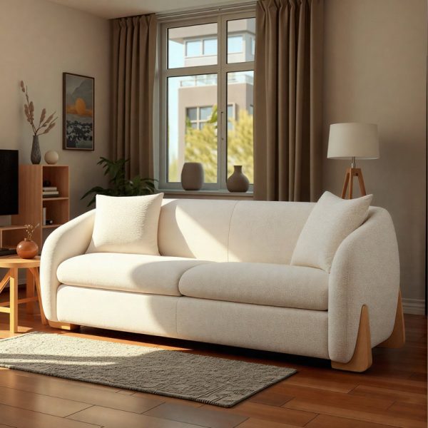 Noor Luxe Cream Bouclé Bench placed in a modern Pakistani bedroom