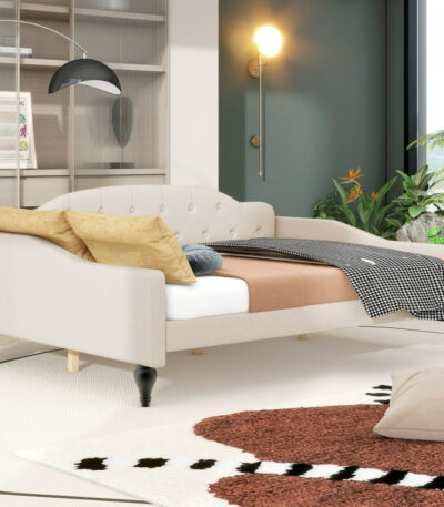 Full-size upholstered sofa daybed – beige tufted cushions