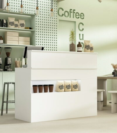 Office reception table with drawers and open shelf storage