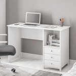 Modern office desk in white with drawers and workspace setup