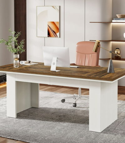 63-inch executive desk with brown top and white base – front view